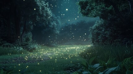 Fototapeta premium A serene forest scene at night, illuminated by glowing particles, evoking a magical and tranquil atmosphere.