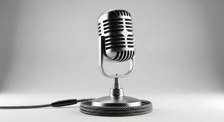 Captivating chrome vintage microphone on a sleek stand, ready for recording, broadcasting, or podcasting in a professional studio setting, symbolizing communication and performance