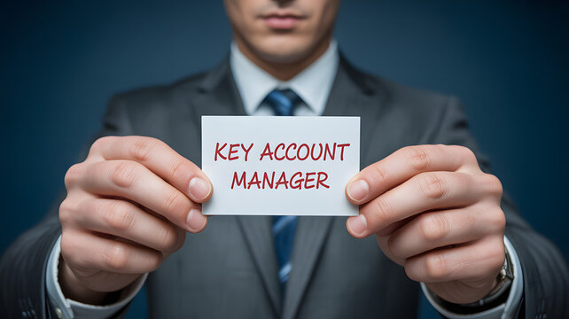 Professional businessman proudly presents his "Key Account Manager" title card