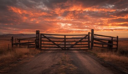 Serene rural landscape featuring a wooden fence under a vibrant, colorful sunset sky with clouds and open fields