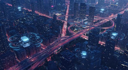 Fototapeta premium utonomous drone fleet controlled by AI-powered systems performing synchronized delivery operations above a futuristic smart city skyline with neon lighting (