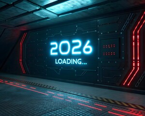 Futuristic sci fi corridor with 2026 loading screen and neon lights