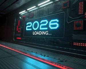 Futuristic digital display shows 2026 loading progress in neon blue and red lights
