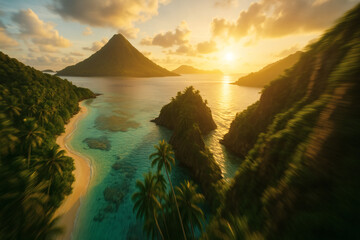 Drone aerial view of Indonesian tropical islands at golden hour, turquoise waters, palm beaches and volcanic peaks.