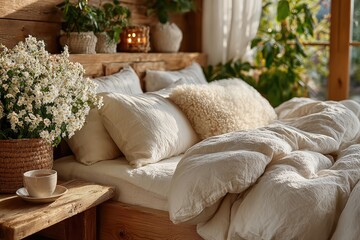 Cozy wooden bedroom with white bedding, flowers, and a cup of tea; natural light streams in