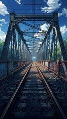 Fototapeta premium Minimalist quiet railway bridge with graffiti background panoramic wide angle view anime cartoon