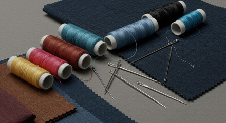 Colorful Threads and Needles on Fabric Samples in a Cozy Workspace Environment for Crafting and Design Inspiration