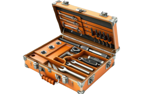 Open orange tool box with various tools