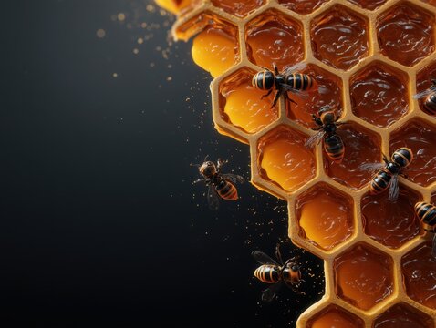 Honeycomb bees honey sweet golden hexagon insect nature food organic - Powered by Adobe