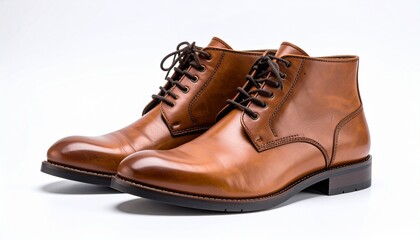 Pair of polished brown leather lace‑up boots with round toes, sturdy soles, and metal eyelets on white background, stylish and durable design
