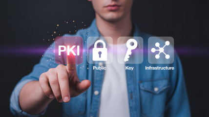 Man selects PKI Public Key Infrastructure concept on digital interface