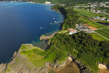Aerial Panoramic View of Maeda Misaki (真栄田岬) and Blue Cave Area, Onna Village, Okinawa, Japan