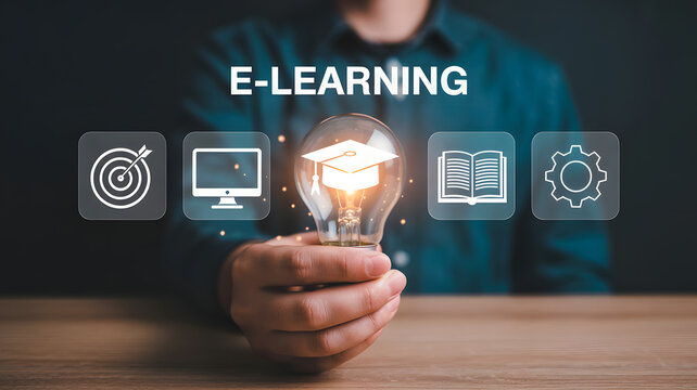Unlock knowledge with glowing e-learning ideas and career growth icons