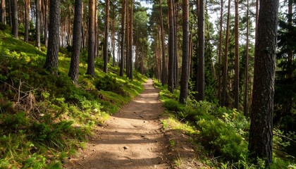 Fototapeta premium Serene forest pathway winding through tall trees, with sunlight filtering through leaves