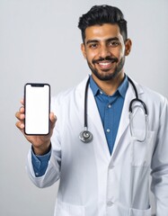 A male doctor is holding a cell phone in his hands, using a blank white mockup screen to demonstrate an ehealth mobile app for medical healthcare telemedicine advertisements and e telehealth online ap