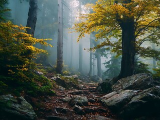 photo of misty forest with autumn trees and rocky path. Symbol of seasonal change, beginning of autumn and equinox balance in nature