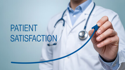 Doctor showing rising patient satisfaction graph, healthcare improvement concept