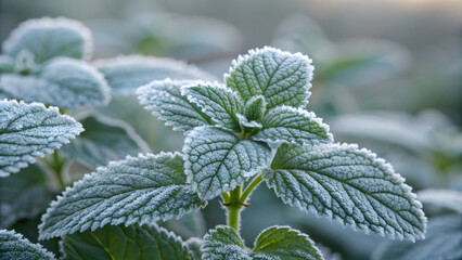 Frosted Mint Leaves: Delicate mint leaves are exquisitely touched by frost. A close-up image reveals the intricate beauty and texture of the frosted foliage in an early morning scene.