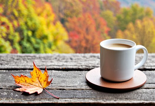 Portrait of a coffee mug and an autumn leaf with copy space