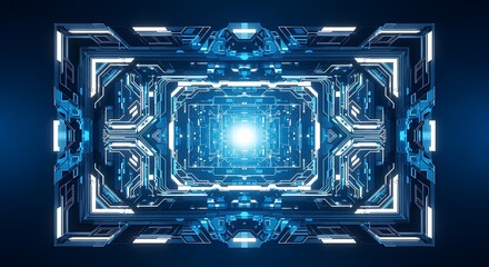 Futuristic Technology Tunnel Glowing Blue Circuits.