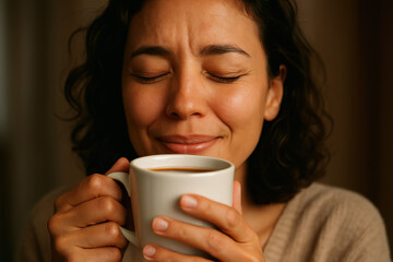 Morning Moment: A woman with closed eyes savors the aroma of hot coffee, embodying tranquility and sensory pleasure. A moment of bliss and quiet contemplation.