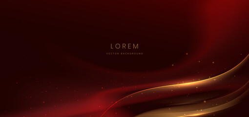 Gold wave lines on dark red background with lighting effect. Template celebration award concept.