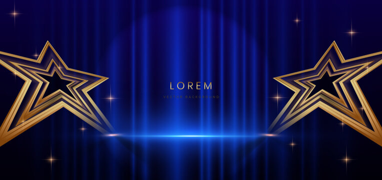 Stage elegant blue background with curtain background and gold star lighting effect.