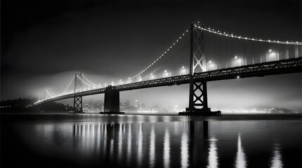 Naklejka premium A black and white evening shot of the glowing Bay Bridge