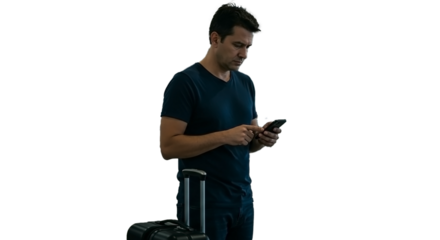 Man with suitcase using smartphone in airport. PNG cut out
