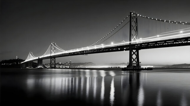 Fototapeta A black and white evening shot of the glowing Bay Bridge