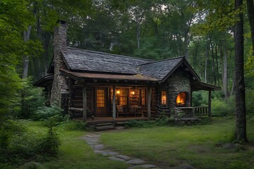 Fototapeta premium Rustic cabin-style house highlighted by wooden beams and natural textures.