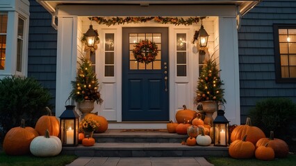 Cozy Autumn Farmhouse Porch with Pumpkins, Lantern, and Wreath at Golden Hour