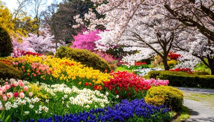 Colorful spring garden with cherry blossoms and tulips
