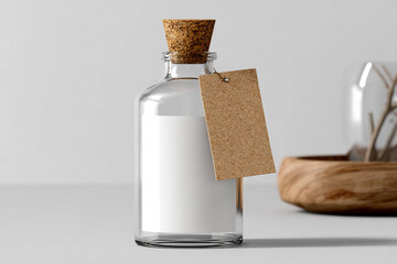 High-resolution glass bottle with cork and customizable label area, perfect for product presentations, e-commerce, or advertising.
