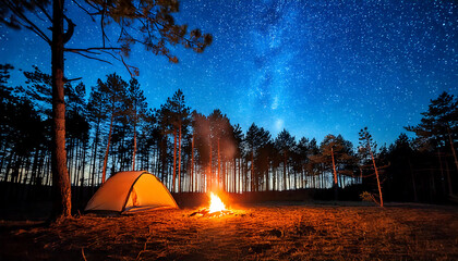 Camping Under the Stars with Tent and Campfire in Forest