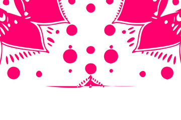 Red floral and geometric patterns adorn the corners of the image, creating a bold border