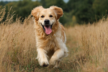 Happy golden retriever sprinting across an open field, ideal for pet, lifestyle, or nature-themed visuals.