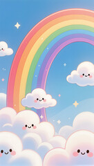 Vibrant rainbow arching over dreamy fluffy clouds, digital illustration with a cute kawaii style, ideal for stickers and stationery