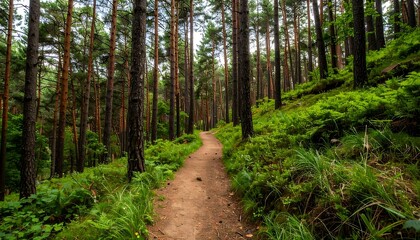 Obraz premium Serene forest trail winding through lush greenery and tall pine trees under a cloudy sky