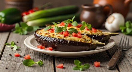 Stuffed Eggplant with Cheese and Vegetables.