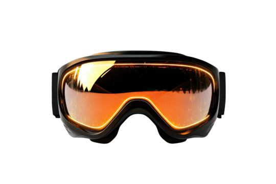 Close-up of black ski goggles with orange lenses