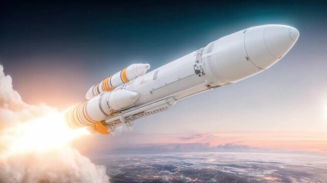 Rocket Soaring through the Clouds: A powerful rocket ascends into the sky, leaving a trail of smoke and flames as it breaks through a layer of clouds and into the vastness of space.
