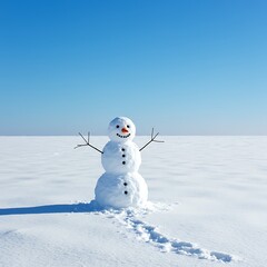 Cheerful snowman standing in a snowy landscape under a clear blue sky perfect for winter holiday themes
