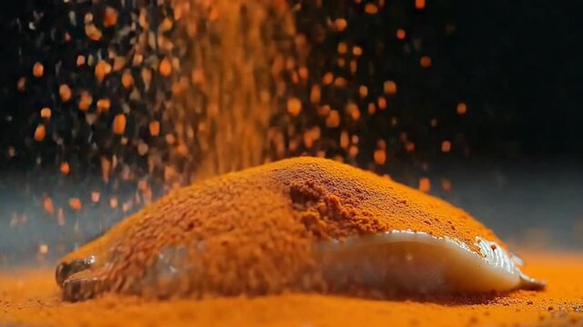 Spices fall on sea bass fish. Filmed on a high-speed camera at 1000 fps. High quality FullHD footage