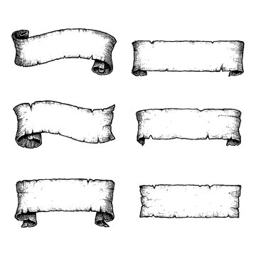 Vintage scroll ribbons and blank banners in hand drawn engraving style, Transparent Background