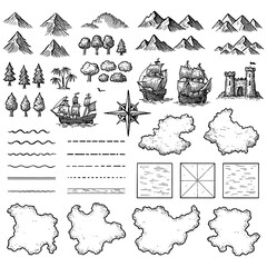 Vintage map elements set with mountains, trees, ships and compass in engraving style, Transparent Background