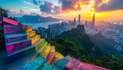 Colorful steps leading to cityscape at sunset