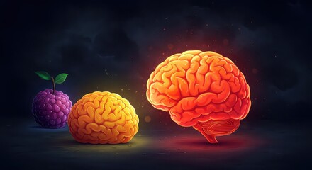 Surreal concept of glowing brain-shaped fruits radiating vitality against a dark mysterious background, representing imagination, creativity, and innovation