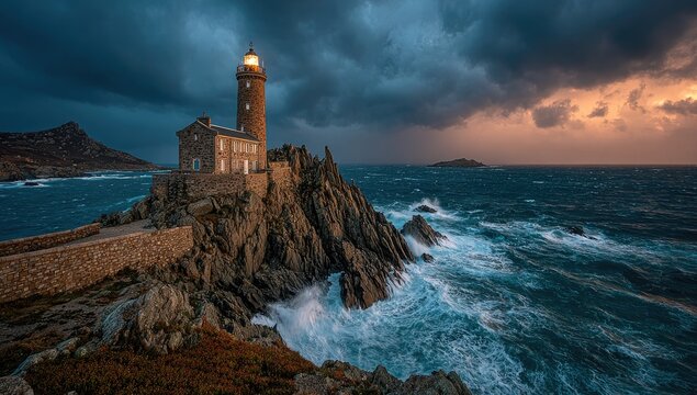 Dramatic lighthouse at stormy sunset, rocky coast
