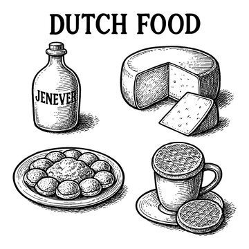 Traditional Dutch food set with cheese, stamppot, bitterballen, poffertjes and local dishes in vintage engraving style, Transparent Background